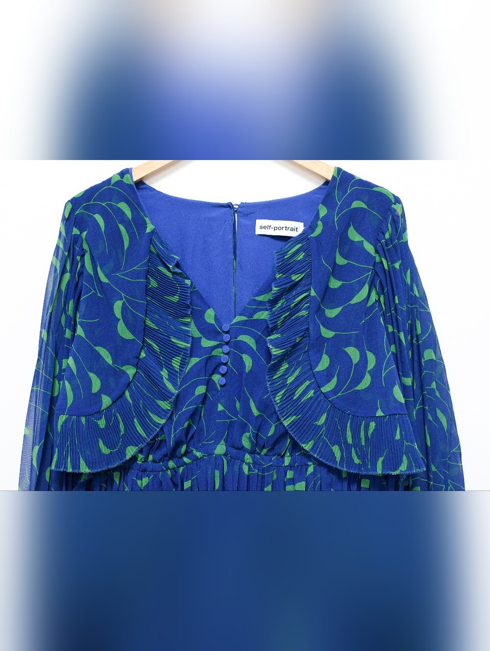 Self Portrait Crescent Chiffon Pleated Cape Dress Blue Green Mini Sz 4 Cocktail - Picture 5 of 15